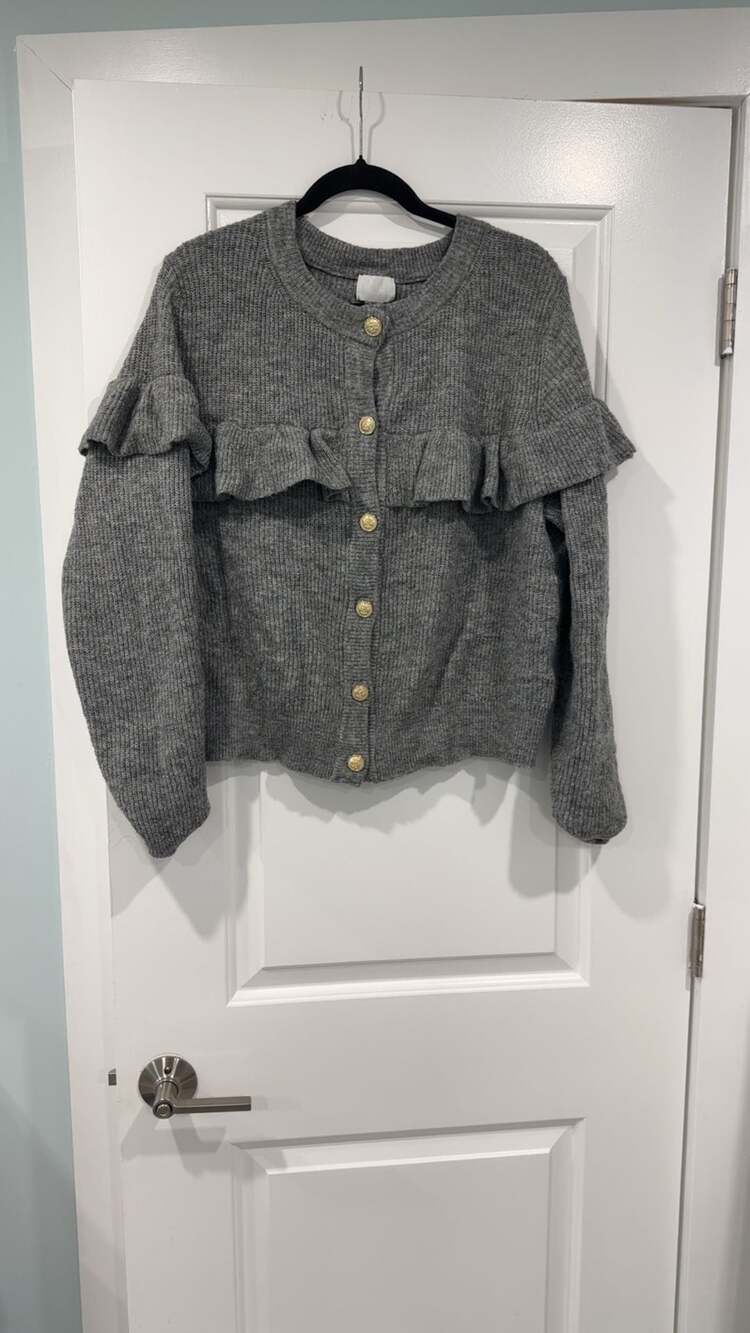 H&M Grey Marl Frill-Trimmed Rib-Knit Cardigan Size XL